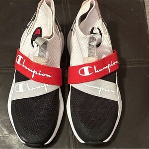 Champion Black, Red, and White Slip-On Sneakers